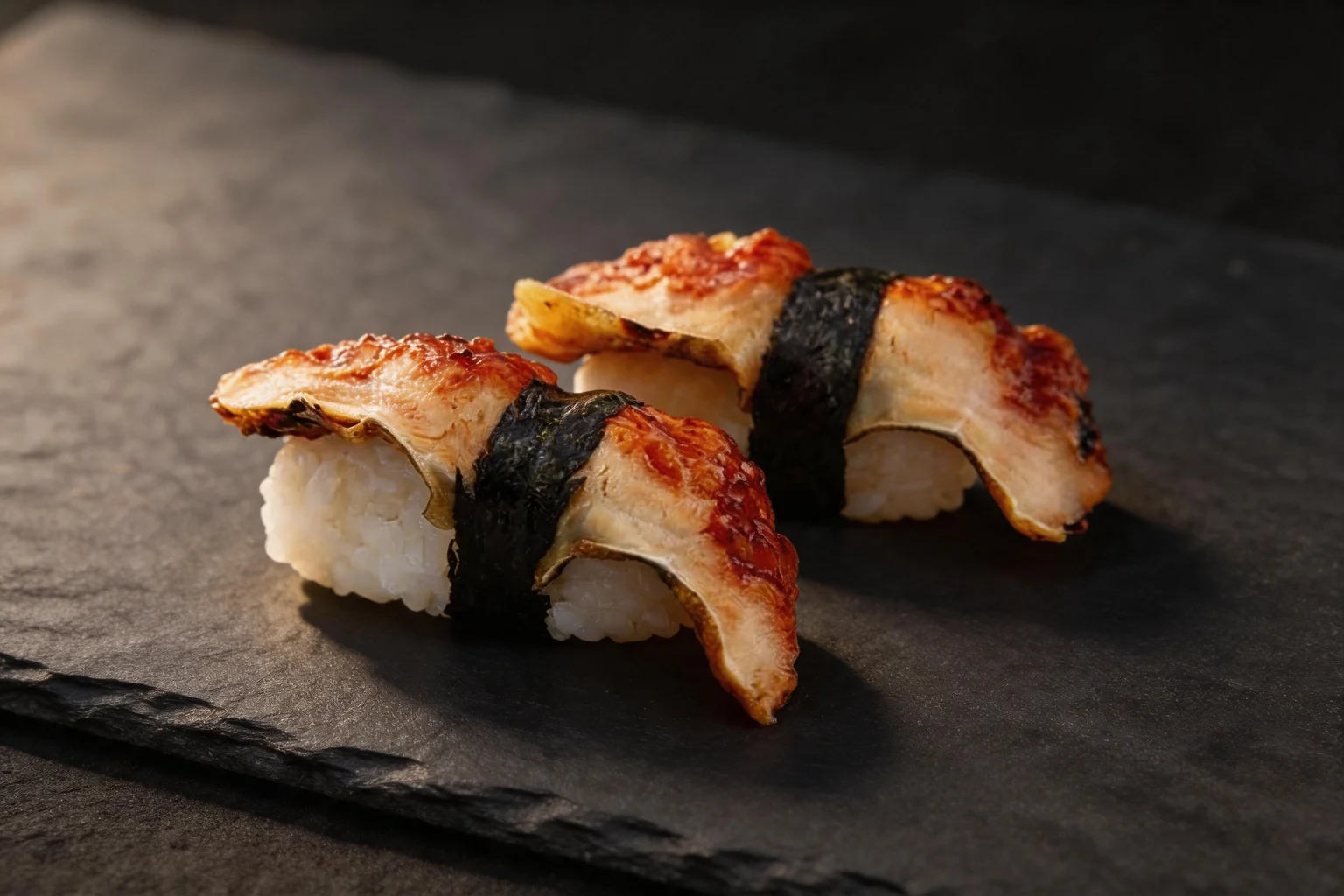 Deux pièces de nigiri à l'anguille, sur fond de pierre sombre