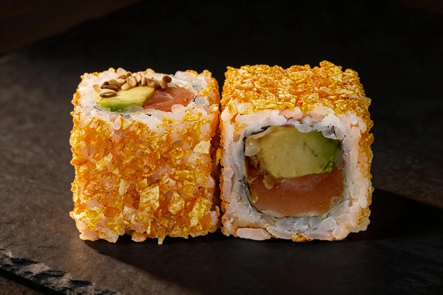 Deux morceaux de roll au saumon et avocat, sur fond de pierre sombre