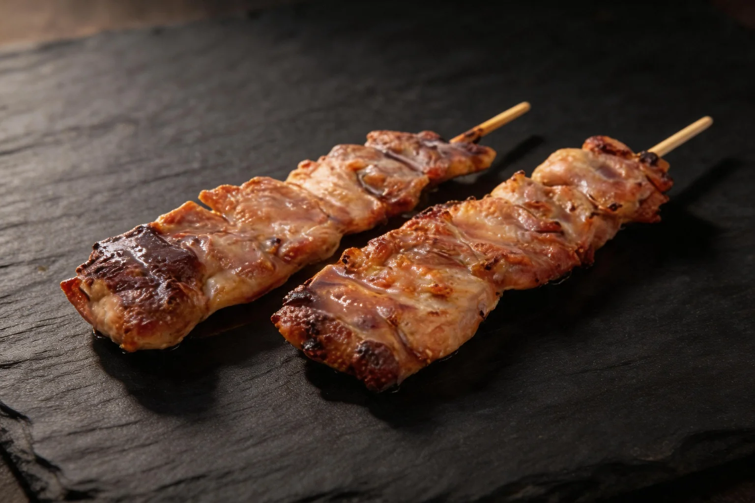 Deux brochettes de poulet grillées, sur fond de pierre sombre