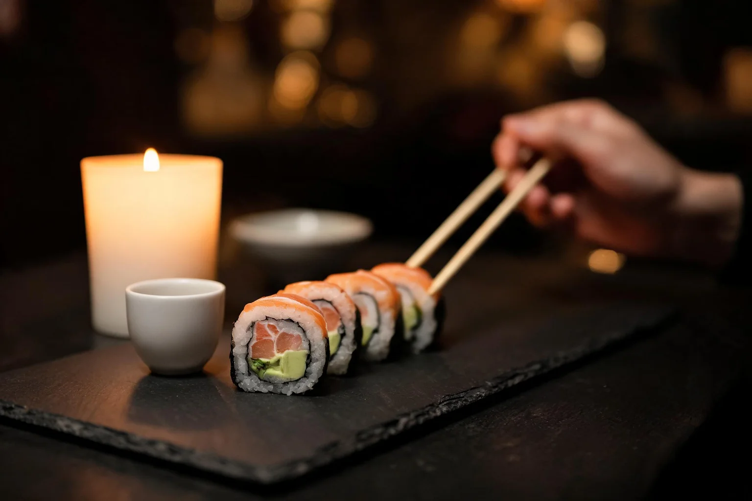 Table de restaurant le soir : une bougie, une tasse de saké et un roll au saumon et avocat, une main tendue vers des baguettes