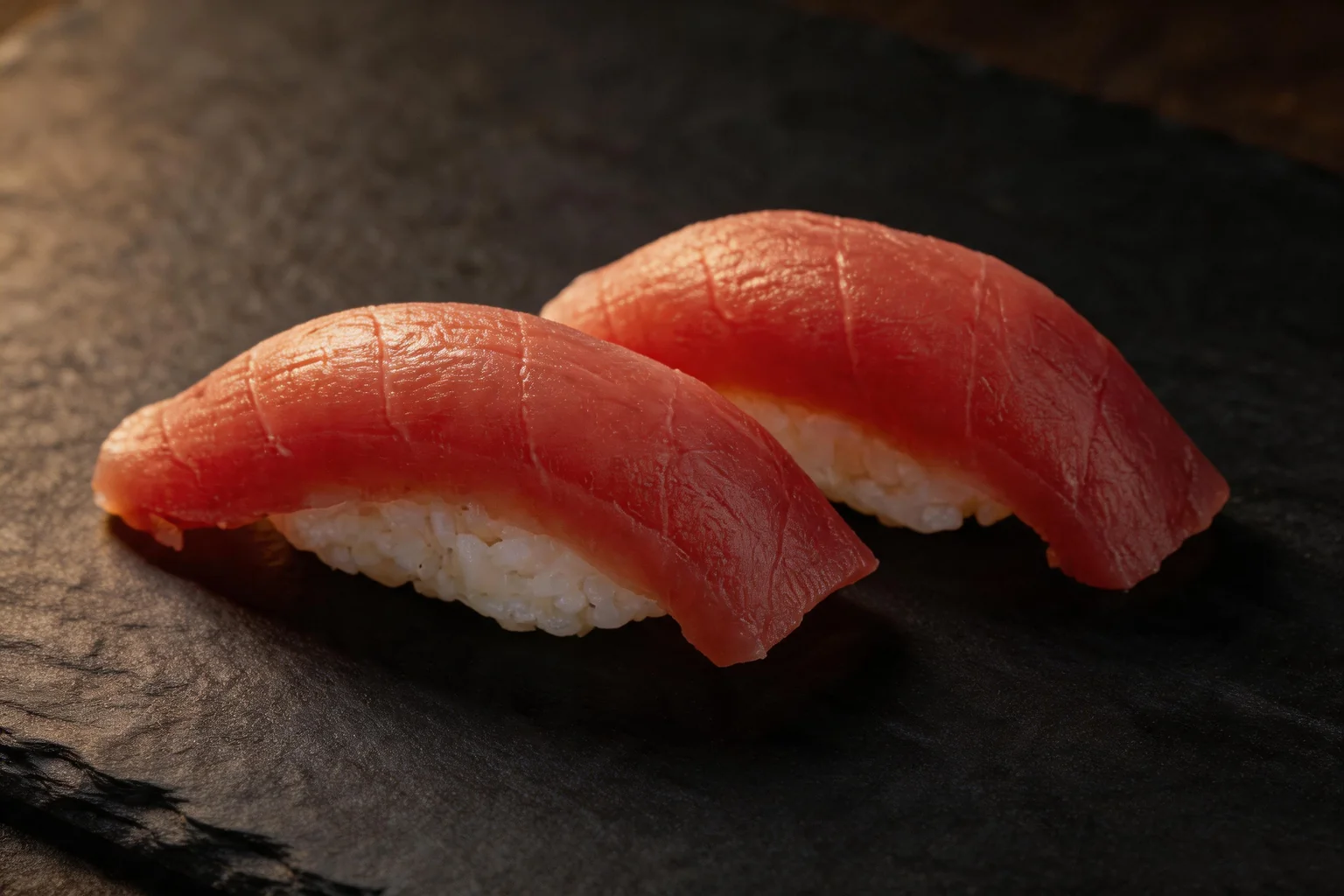 Deux pièces de nigiri au thon, fond de pierre sombre