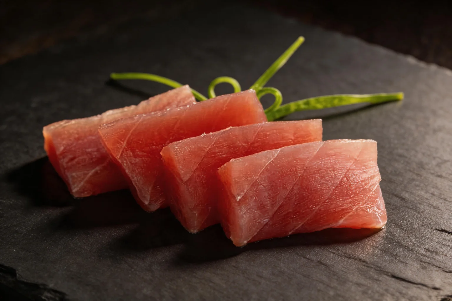 Quatre tranches de thon en sashimi avec une garniture verte, fond de pierre sombre