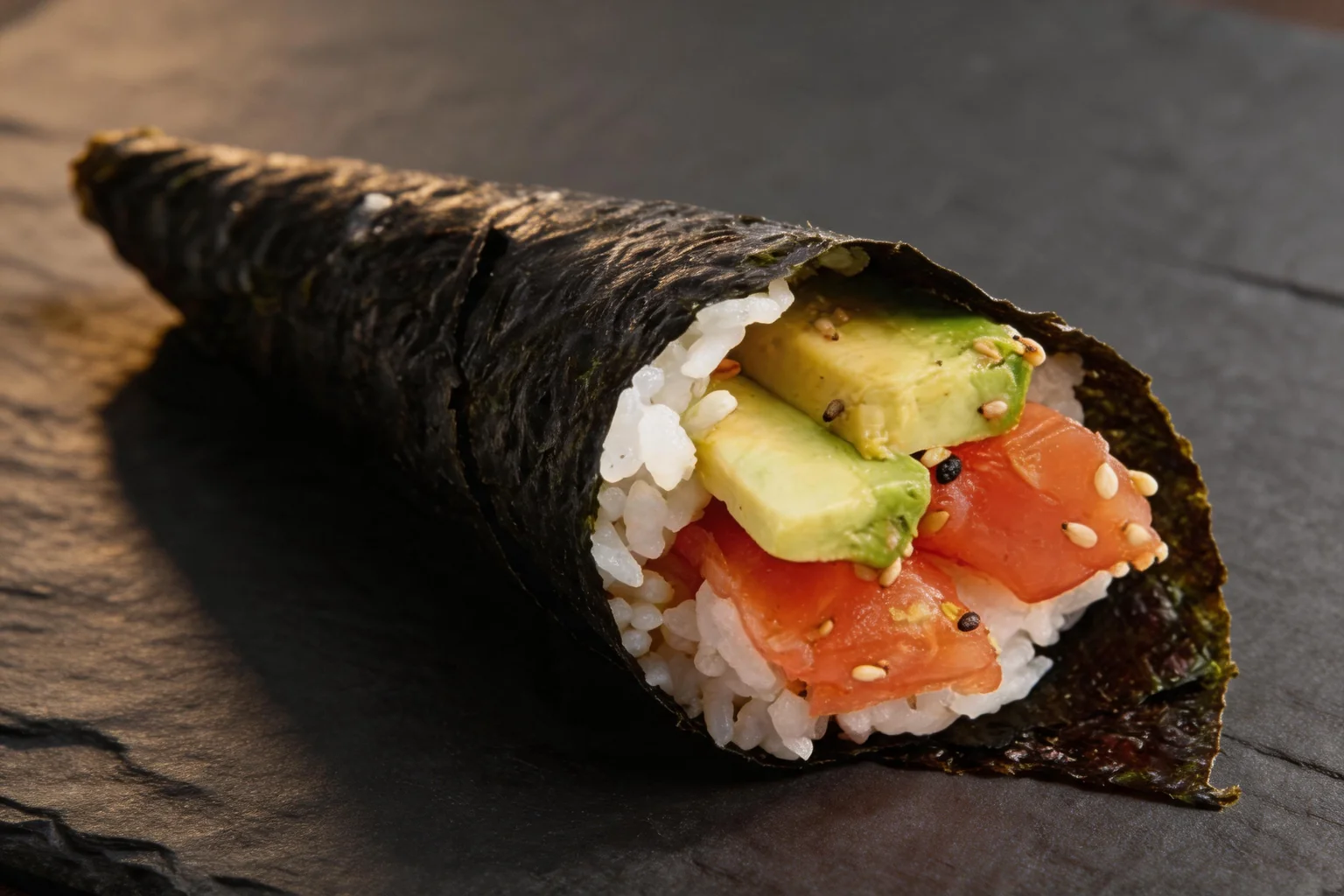 Un temaki au saumon et à l'avocat roulé dans une feuille de nori, fond de pierre sombre