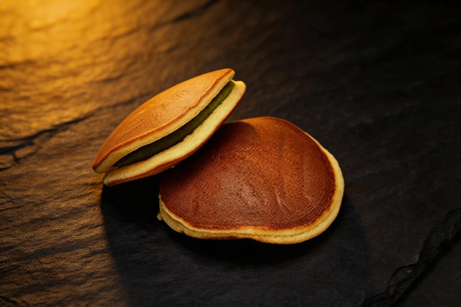 Deux dorayakis garnis, fond de pierre sombre