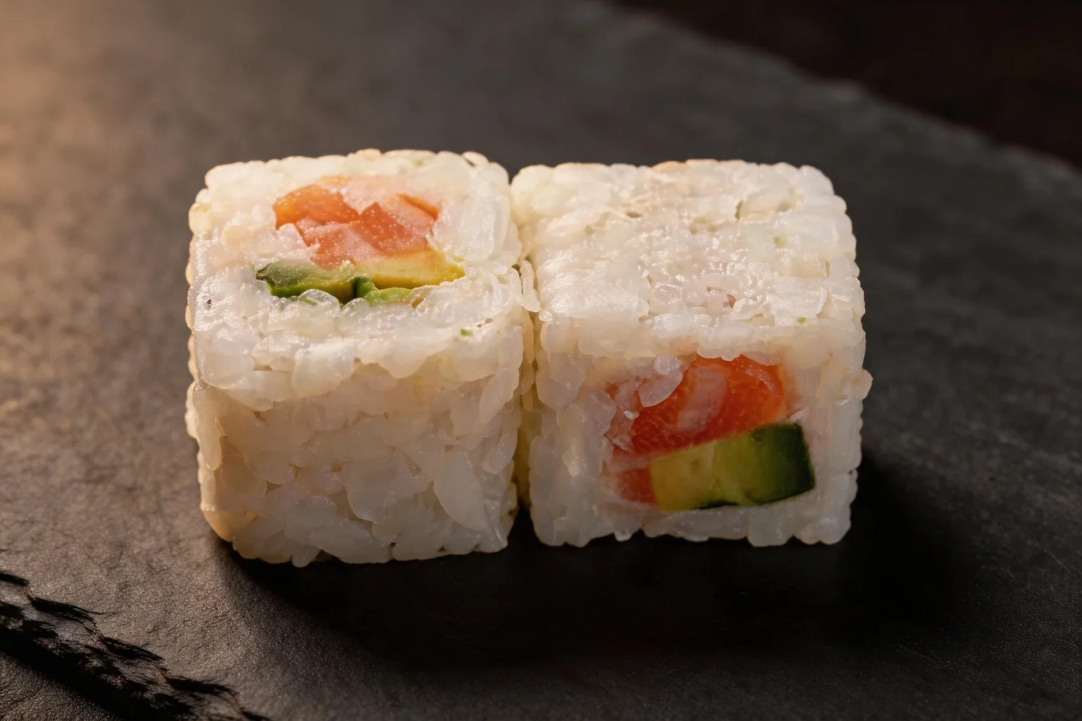Un neige roll au saumon et à l'avocat, fond de pierre sombre